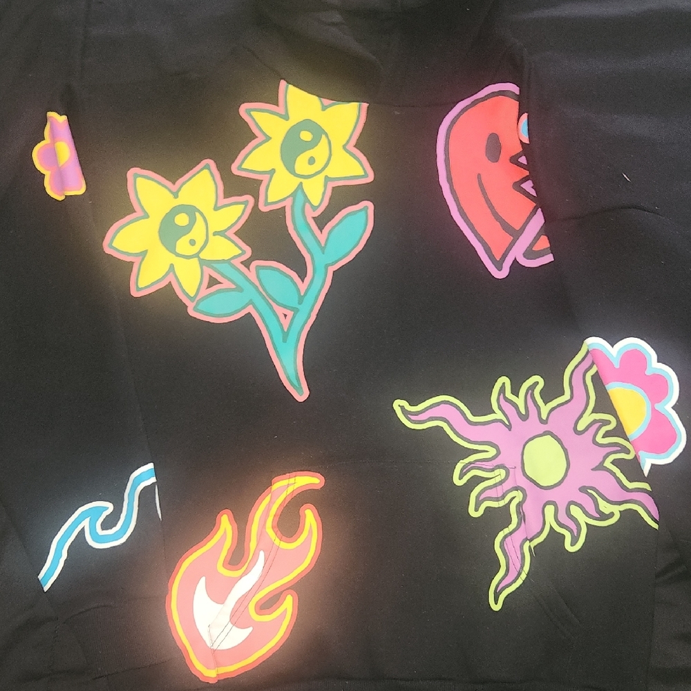 PacSun Black Hoodie with Neon Floral, Sun & Flame Graphics